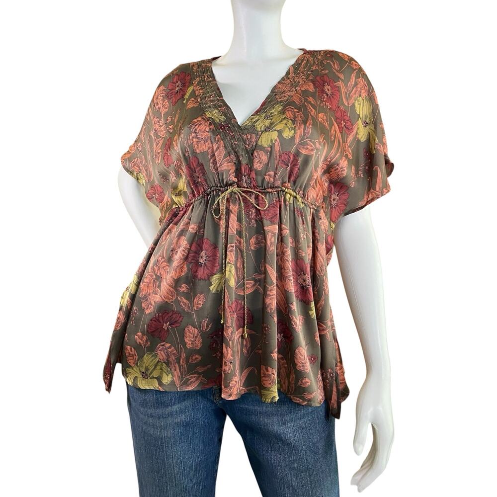 Y2K DKNY Jeans Floral Drawstring Blouse | Kimono Sleeve Boho Top